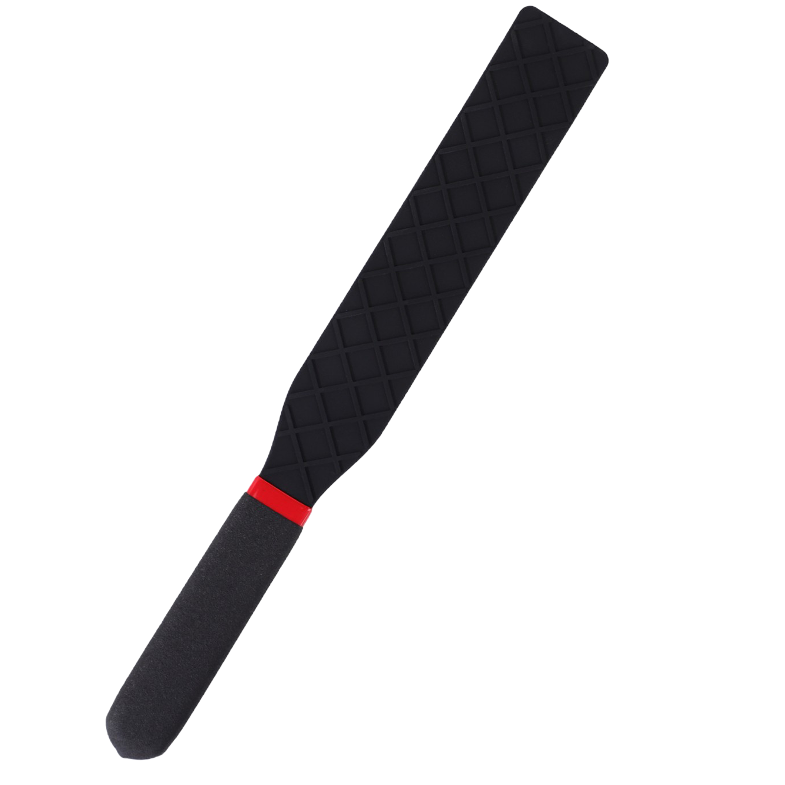Midnight black silicone BDSM impact paddle with diamond texture and crimson accent for wholesale B2B distribution