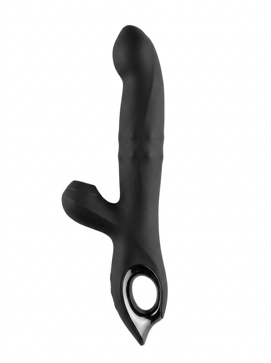 Midnight black and rose gold 3-in-1 luxury rabbit vibrator with air-pulse suction and peristaltic motion for wholesale B2B distribution