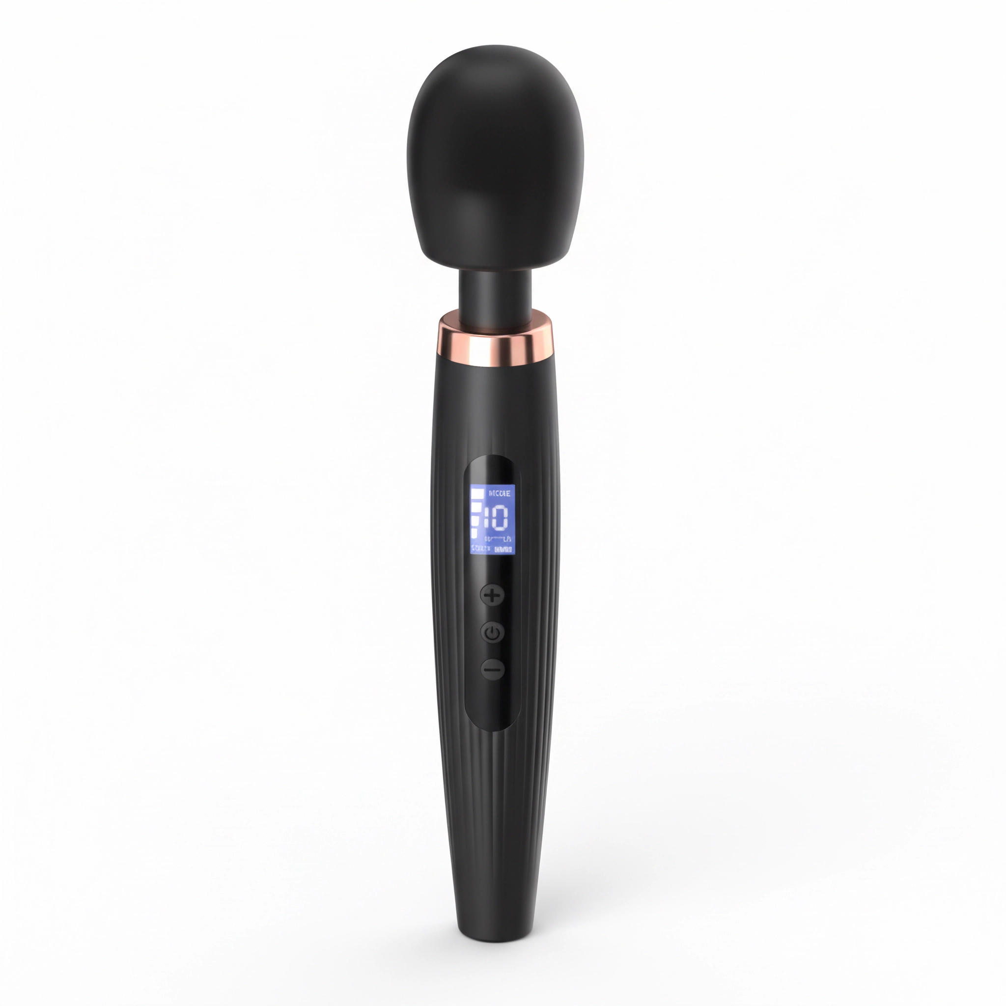Midnight black smart LCD display electric wand massager with ergonomic slim-waist handle for wholesale B2B distribution